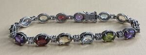Vintage Sterling Silver Multi Color Gemstone Tennis Bracelet 7.5"